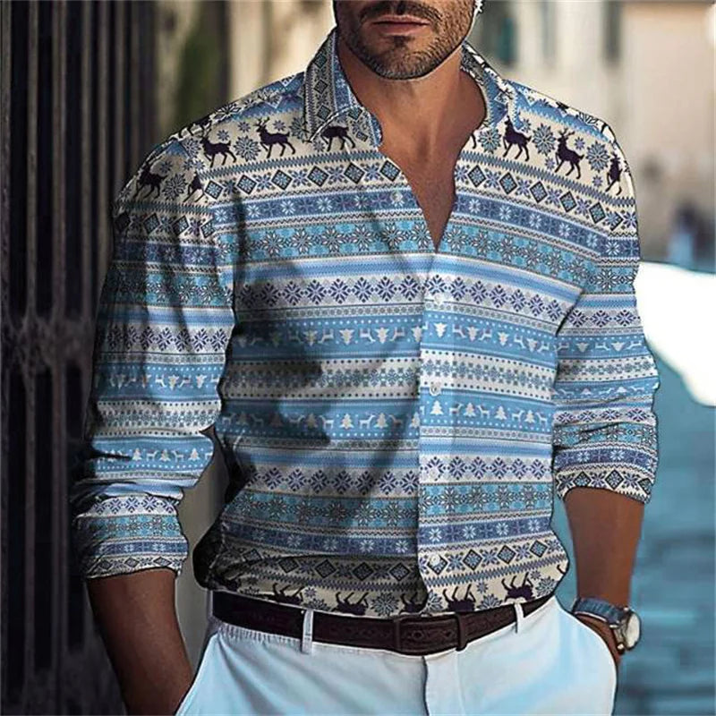 Blue plaid Hawaiian men's shirt with long sleeves, button-up style, casual summer beachwear, featuring color block design and lapel collar.