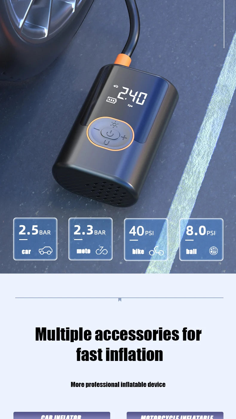 Showlu Smart General portable digital air compressor tire inflator with wireless 12V design, compact and easy to use.