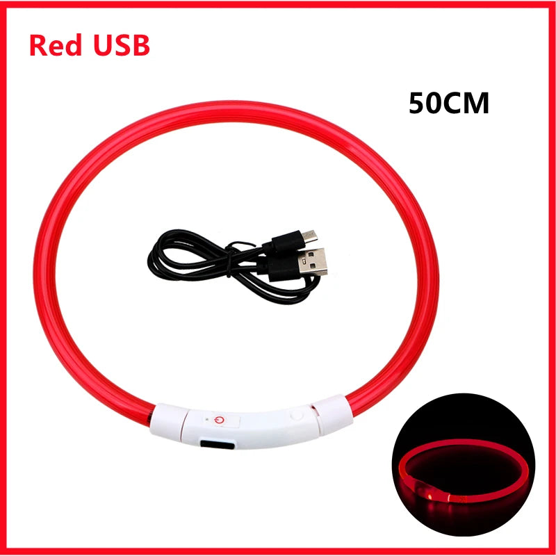 Adjustable nylon LED glowing dog collar by COOYOMOO, featuring USB rechargeable design and bright illumination for night visibility.