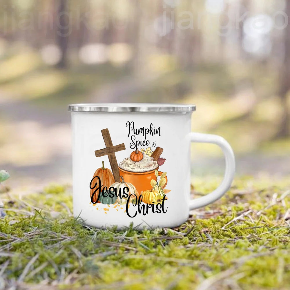 Pumpkin Spice Jesus Christ enamel mug with fall-themed design, perfect for camping and coffee enthusiasts.