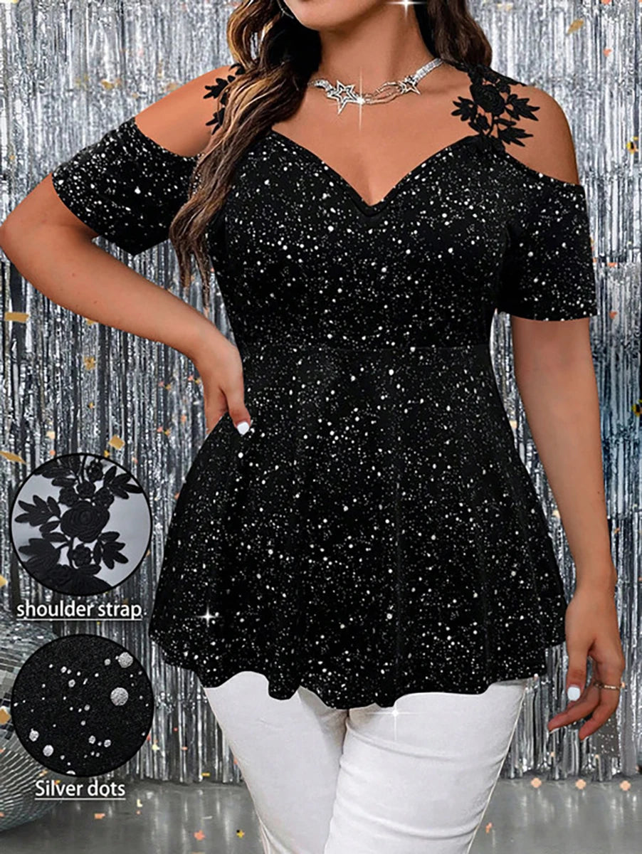 Plus size Showlu women's cold shoulder lace peplum V-neck T-shirt, stylish and comfortable top with lace detail and flattering fit.