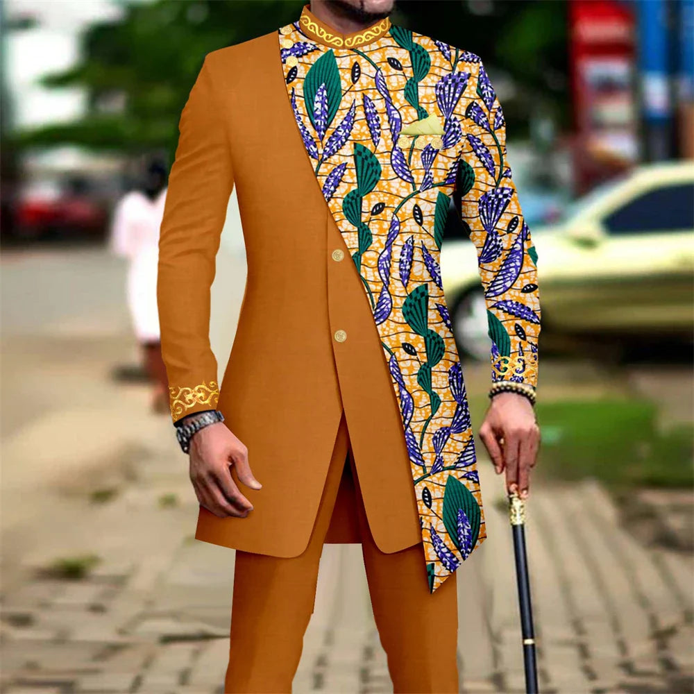 SHOWLU Men's African embroidery print suit, 2-piece slim fit wedding set with intricate embroidery and tailored design.