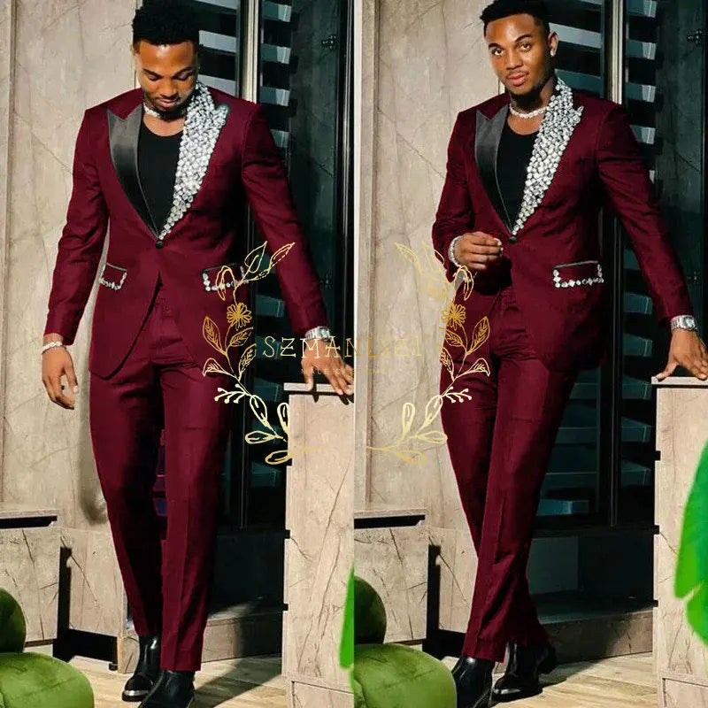 Black slim fit men's suit with single-breasted peak lapel blazer and matching pants, high-quality crystal prom party tuxedo set.