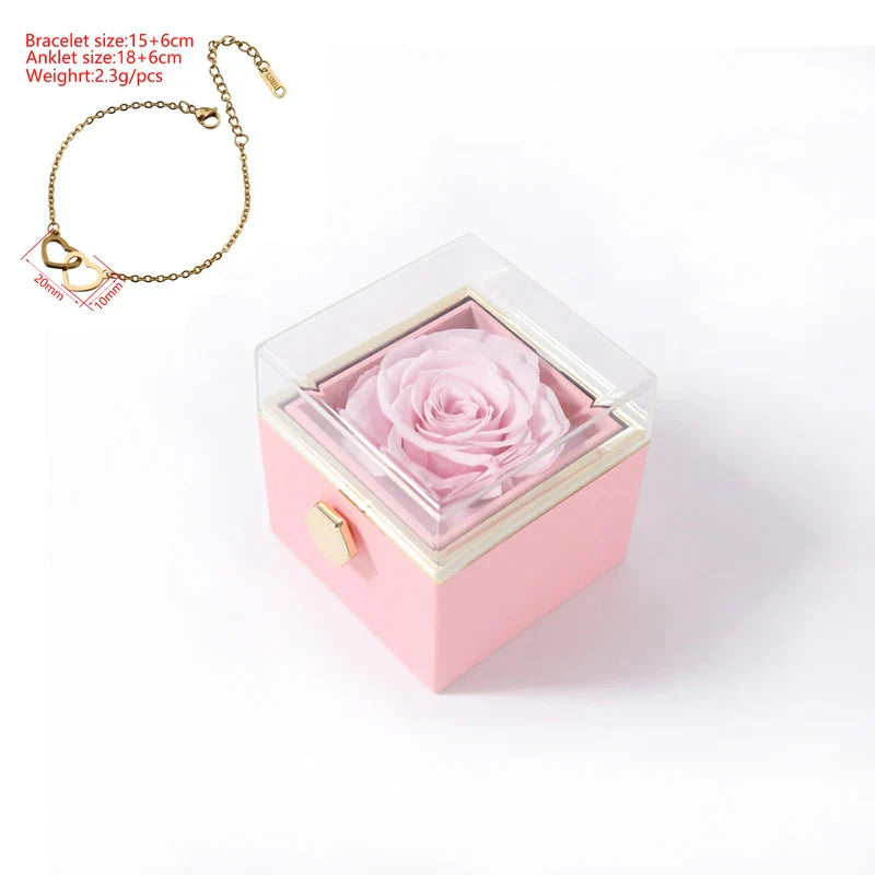 Double heart steel bracelet by SHOWLU FASHION with eternal rose in a decorative box, stylish jewelry accessory for women.