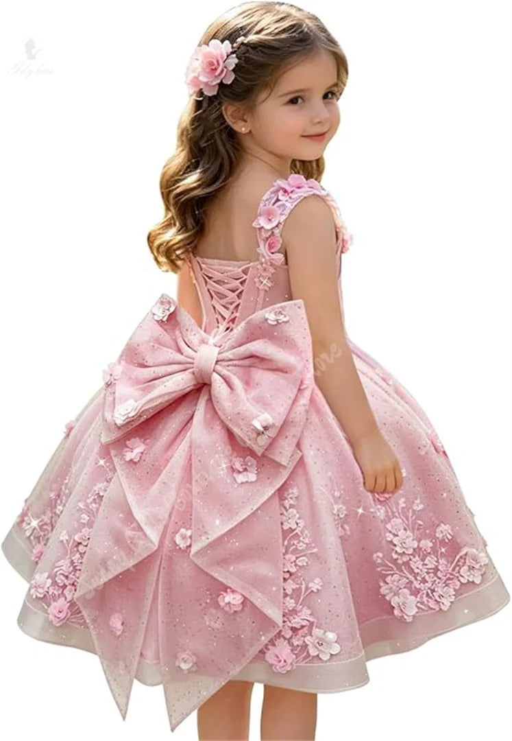 3D Floral with Bow Luxury Flower Girl Dress Wedding Thin Strap Backless Knee-Length Kid Pageant Party Birthday Event Dress