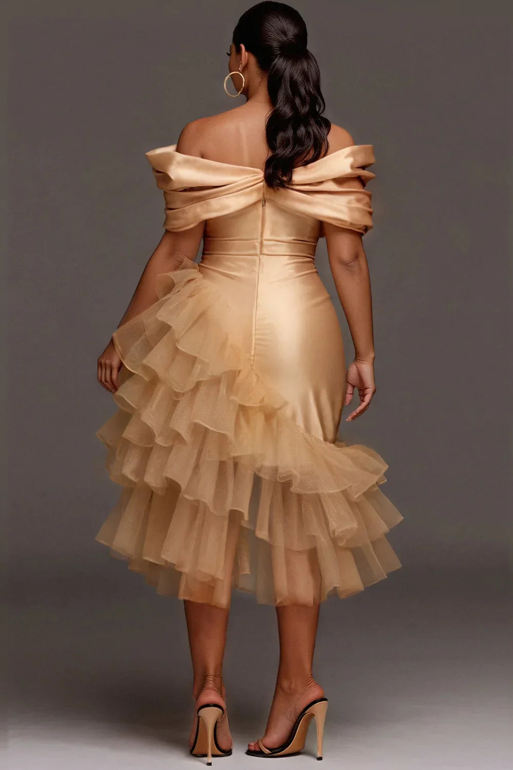 Plus size champagne tulle off-the-shoulder satin midi dress by SHOWLU FASHION STORE, featuring elegant draping and a fitted silhouette.