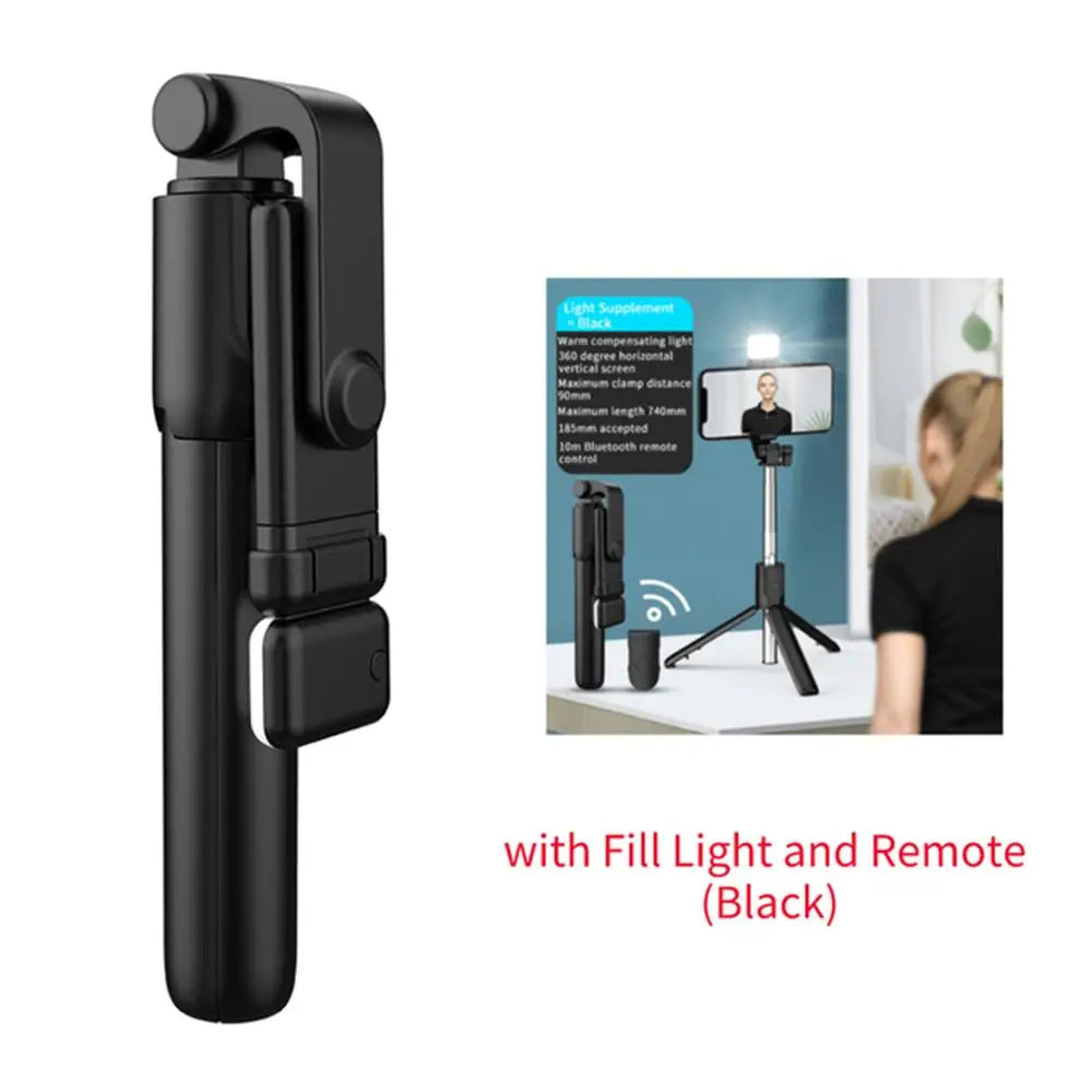 Showlu Fashion Store phone selfie stick tripod with Bluetooth remote, LED fill light, and phone holder for live streaming and photos.