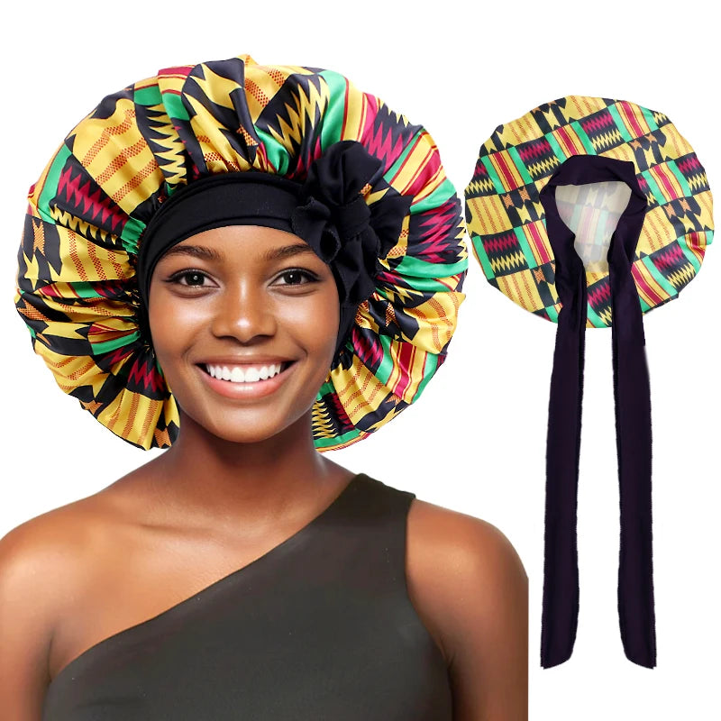 African large satin sleep cap with ribbon and elastic band, women's head wrap, turban, night sleeping and chemo hat.