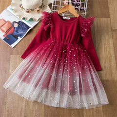 Children Casual Clothes for Autumn Girl Mesh Dress for Long Sleeve 3-8Y Kids Sequin Dress Christms Birthday Party Princess Dress