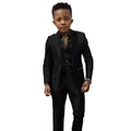 Black and white spliced boys wedding suit with jacket and pants, slim fit tuxedo for ages 2T-16T, suitable for Easter, prom, or birthdays.