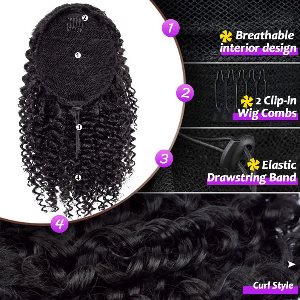 Synthetic Short Afro Kinky Curly Ponytail Hair Piece for African American Ponytail Extension Afro Kinky Curly Ponytail for Women