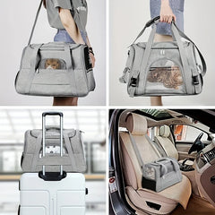 A grey, soft-sided pet carrier with mesh windows shown being carried, attached to luggage, and in a car.
