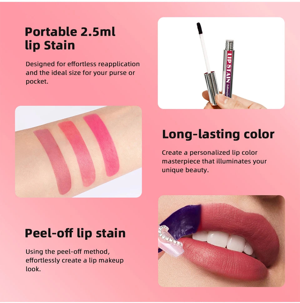 Showlu Smart General peel-off waterproof lip stain tint applied on lips, showcasing vibrant color and glossy finish.
