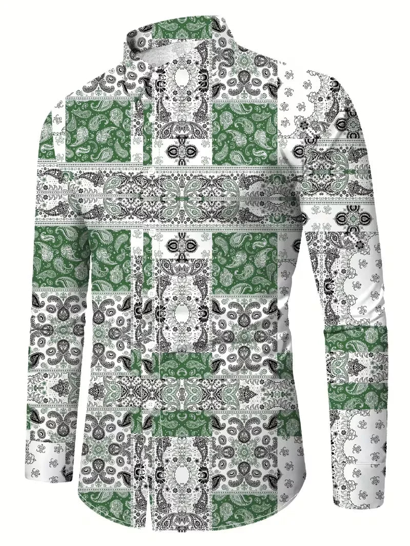Showlu men's casual long sleeve shirt with 3D striped flower print silk fabric, stylish and comfortable for everyday wear.