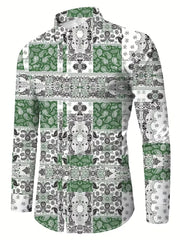 A men's long-sleeved button-up shirt featuring a green and white paisley patchwork print.