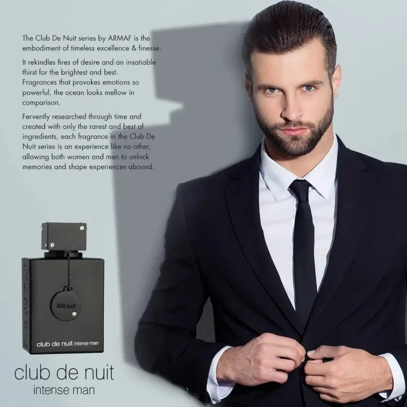 Woody spicy Armaf Club De Nuit Intense Man perfume bottle for men and women, featuring sleek packaging and elegant design.