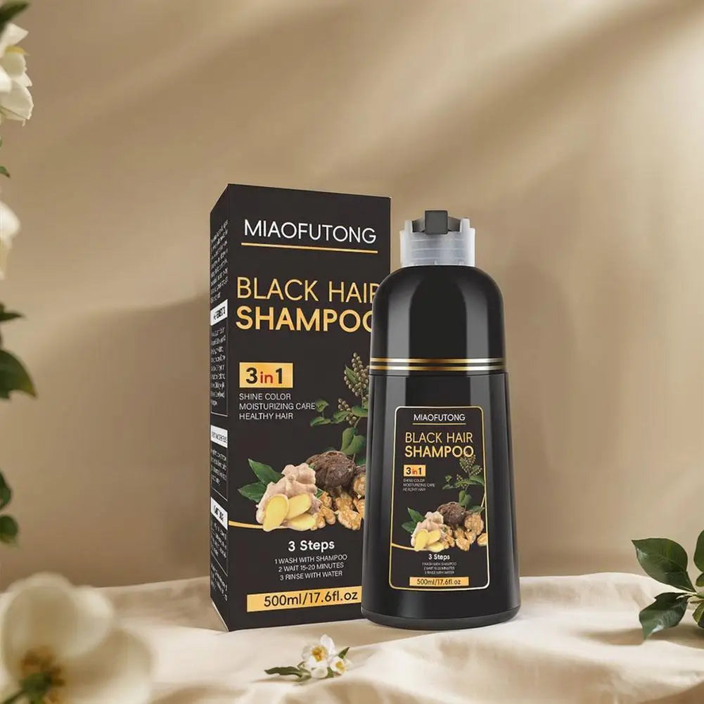 Polygonum Multiflorum 3-in-1 natural black hair dye shampoo in 500ml bottle with label, designed for nourishing hair and enhancing color.