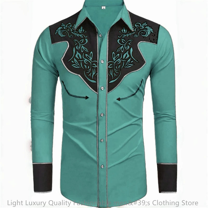 Long-sleeved men's retro western denim cardigan in soft fabric, loose fit, big size casual shirt by Showlu Fashion Store.