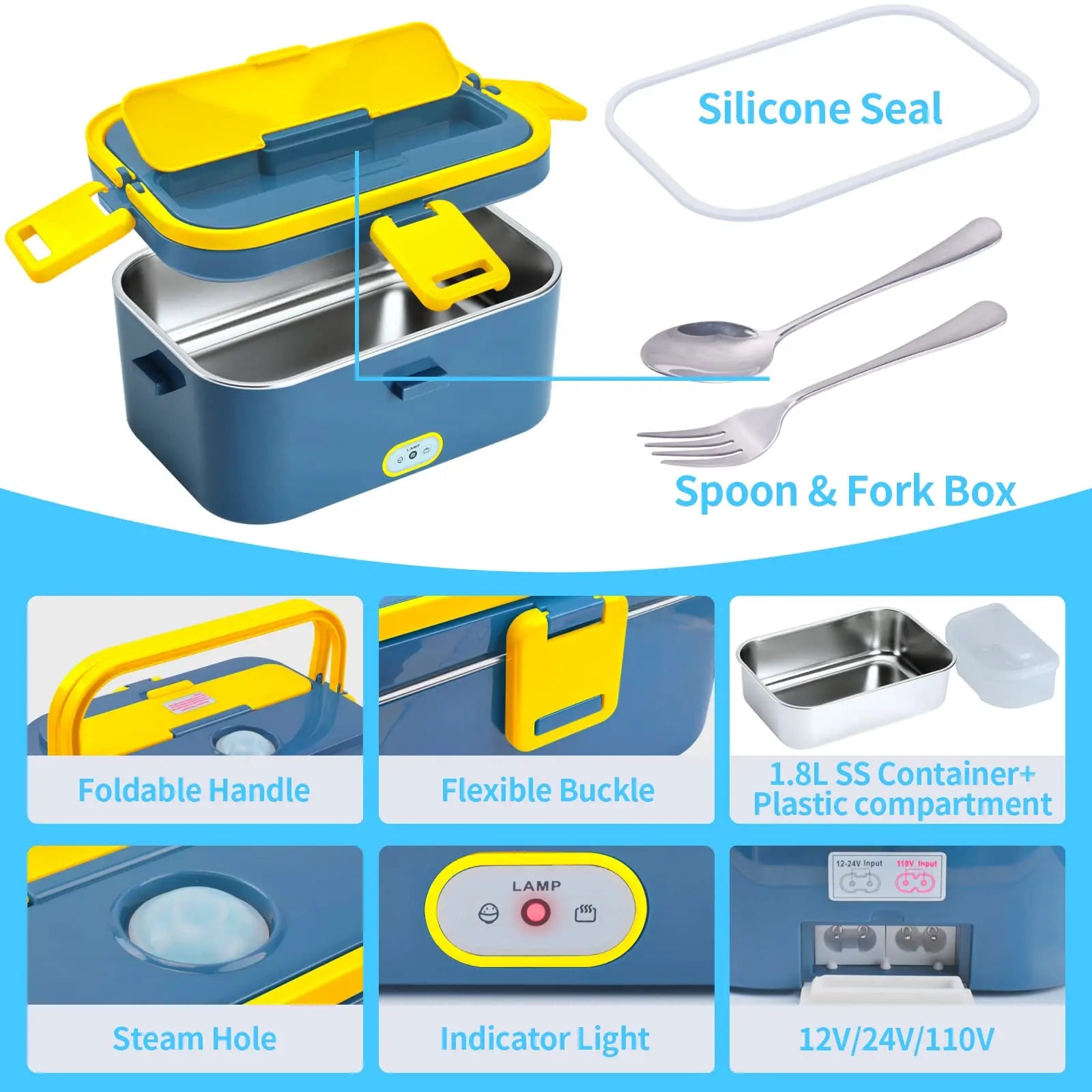 SHOWLU 1.8L stainless steel electric lunch box with food warmer, designed for 12V, 24V, and 110V vehicles and appliances.