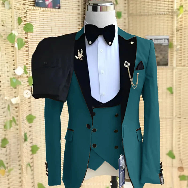 Beige formal men's three-piece suit with peaked lapel, blazer, vest, and pants, ideal for weddings, business, and parties.
