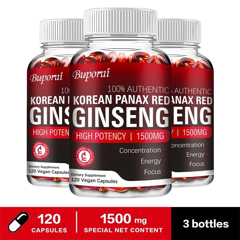 Korean Red Panax Ginseng supplement bottle showing label with ginseng root images, supporting energy, endurance, and immune health