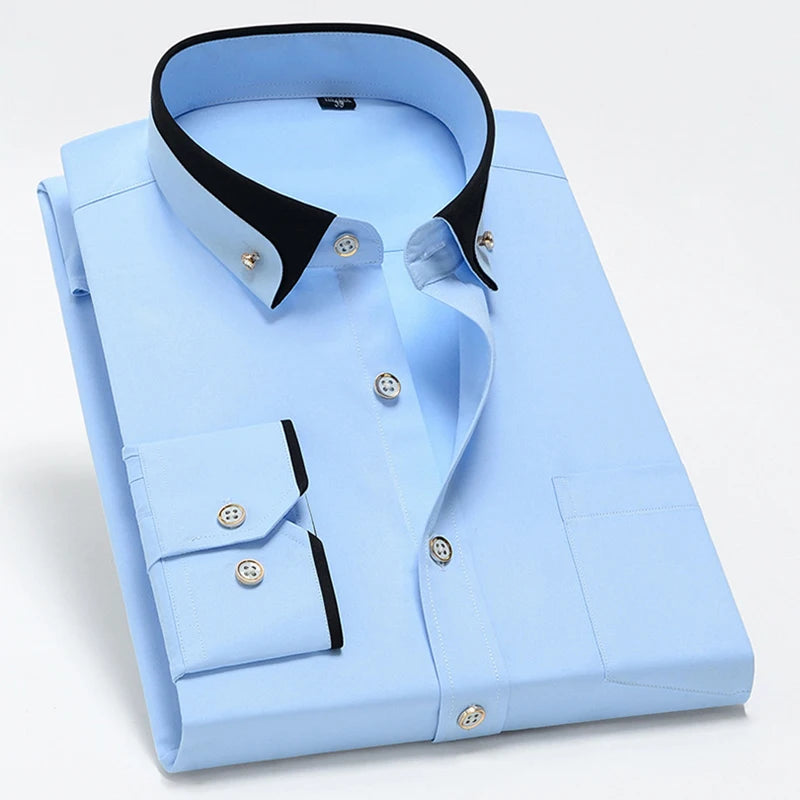 Showlu men's slim fit long sleeve white cotton business shirt, classic design, tailored for a sleek professional look.