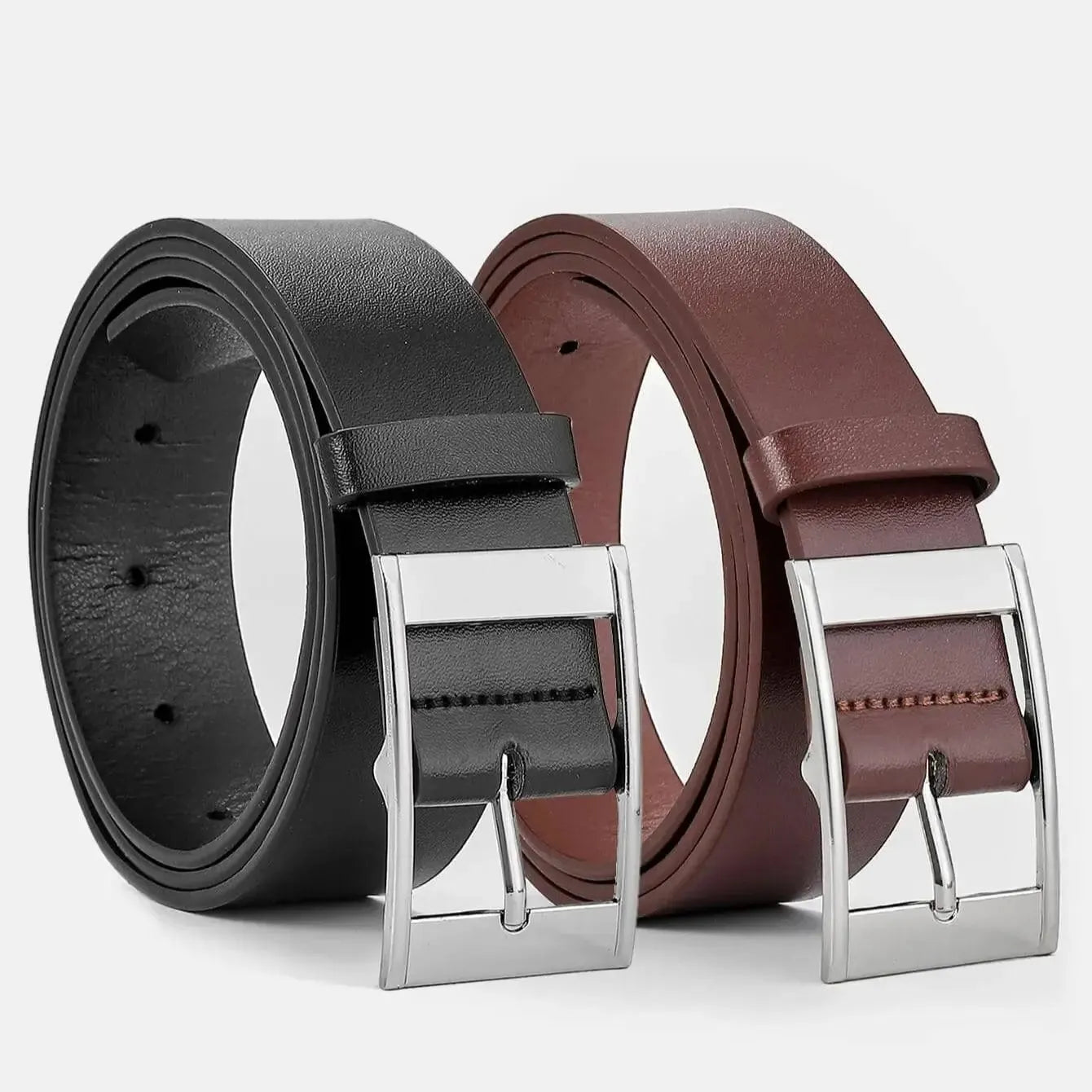 Men's faux leather belt with pin buckle, casual and business style, featuring a sleek design and adjustable fit.