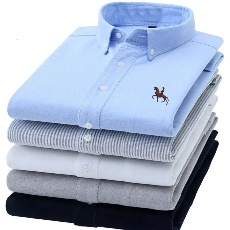 White men's casual cotton Oxford shirt with long sleeves, embroidery horse design, regular fit, button-up style, suitable for everyday wear.