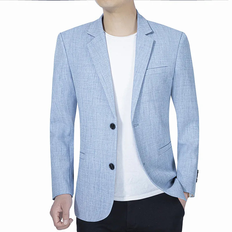Men's slim-fit suit jacket by Showlu Fashion, solid color blazer for spring and autumn, casual business style, front view.