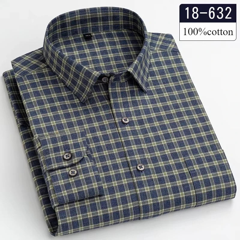 Men's slim fit brushed cotton long-sleeve shirt with plaid and striped patterns, designer casual and formal tops by Showlu Fashion.