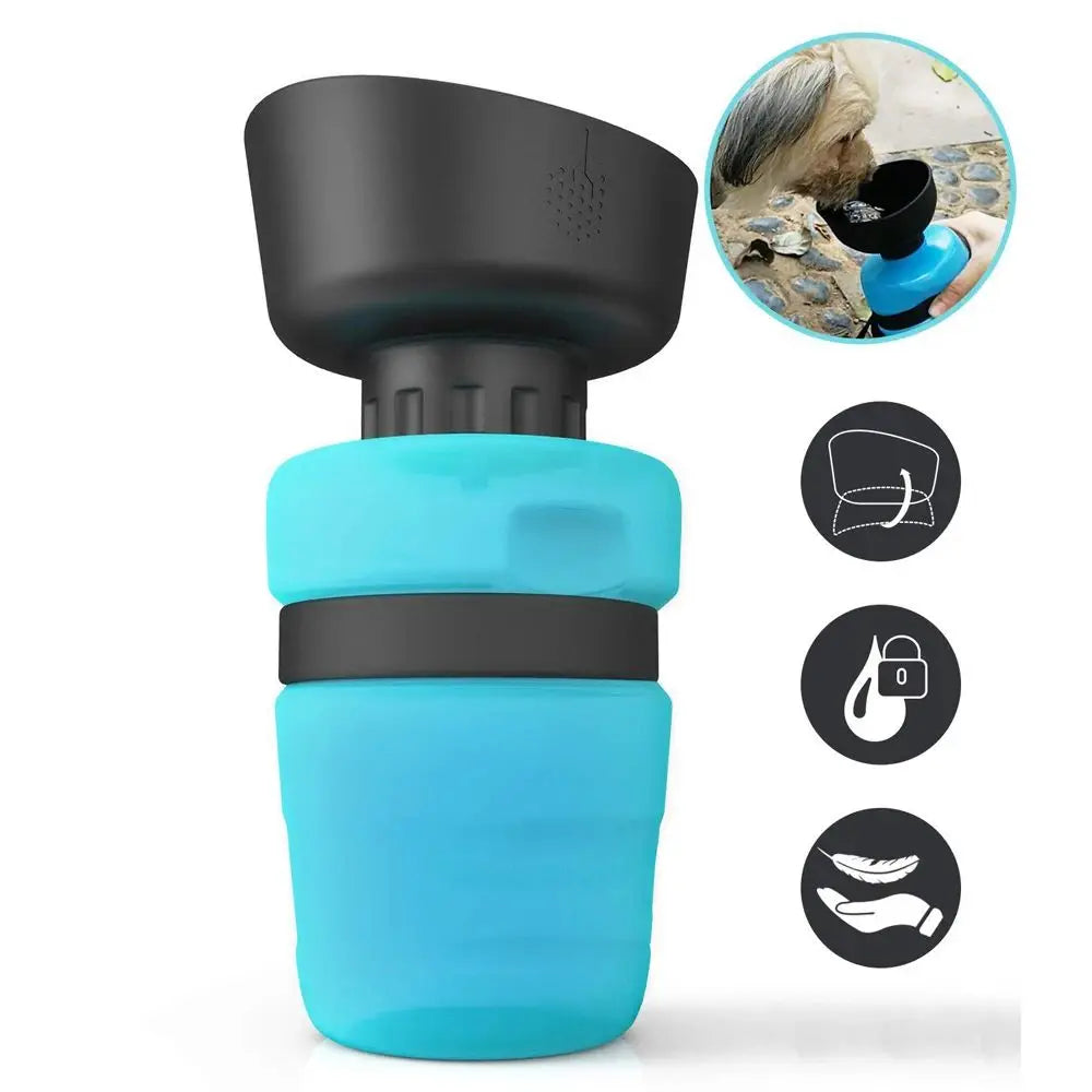 A portable blue and black collapsible dog water bottle with an integrated drinking bowl.
