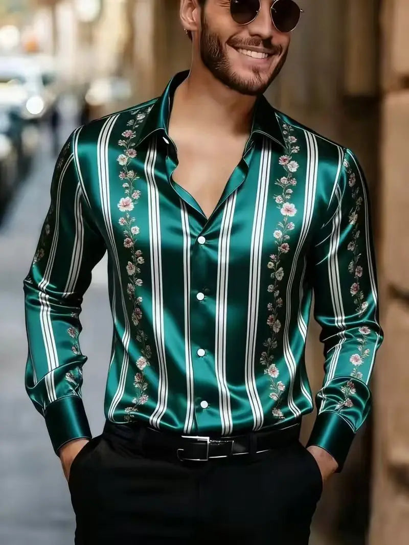 Men's fashionable 3D flame printed long sleeve shirt with button-up design, styled for casual wear by Showlu Fashion Store