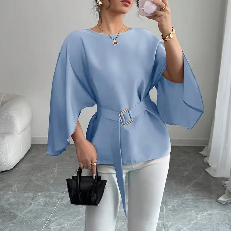 Loose women's half sleeve blouse with belt, solid casual top by ILUKiss, shown in a natural fabric and relaxed fit style.