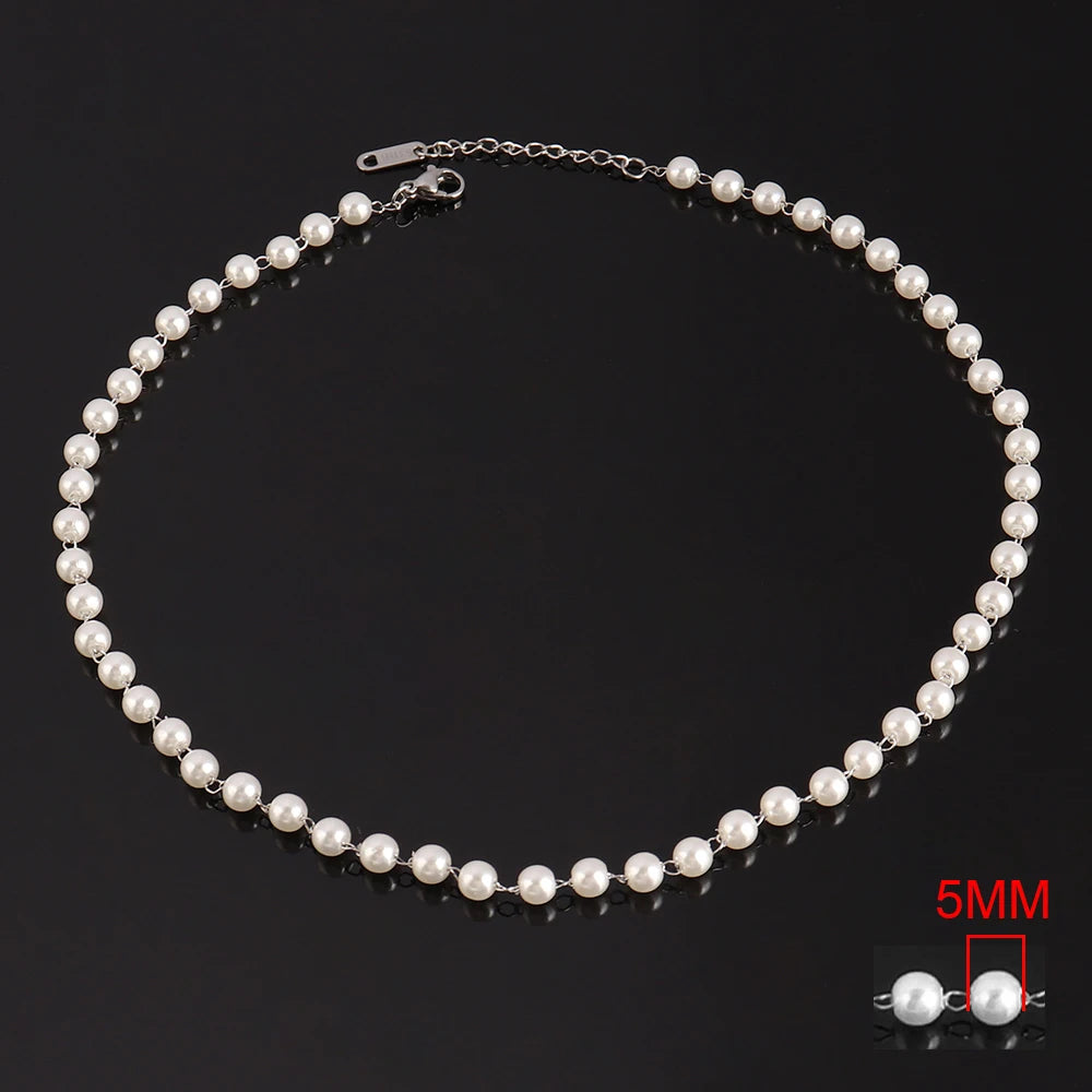 Stainless steel white imitation pearl necklace with clavicle chain design, elegant pearl choker for women jewelry.