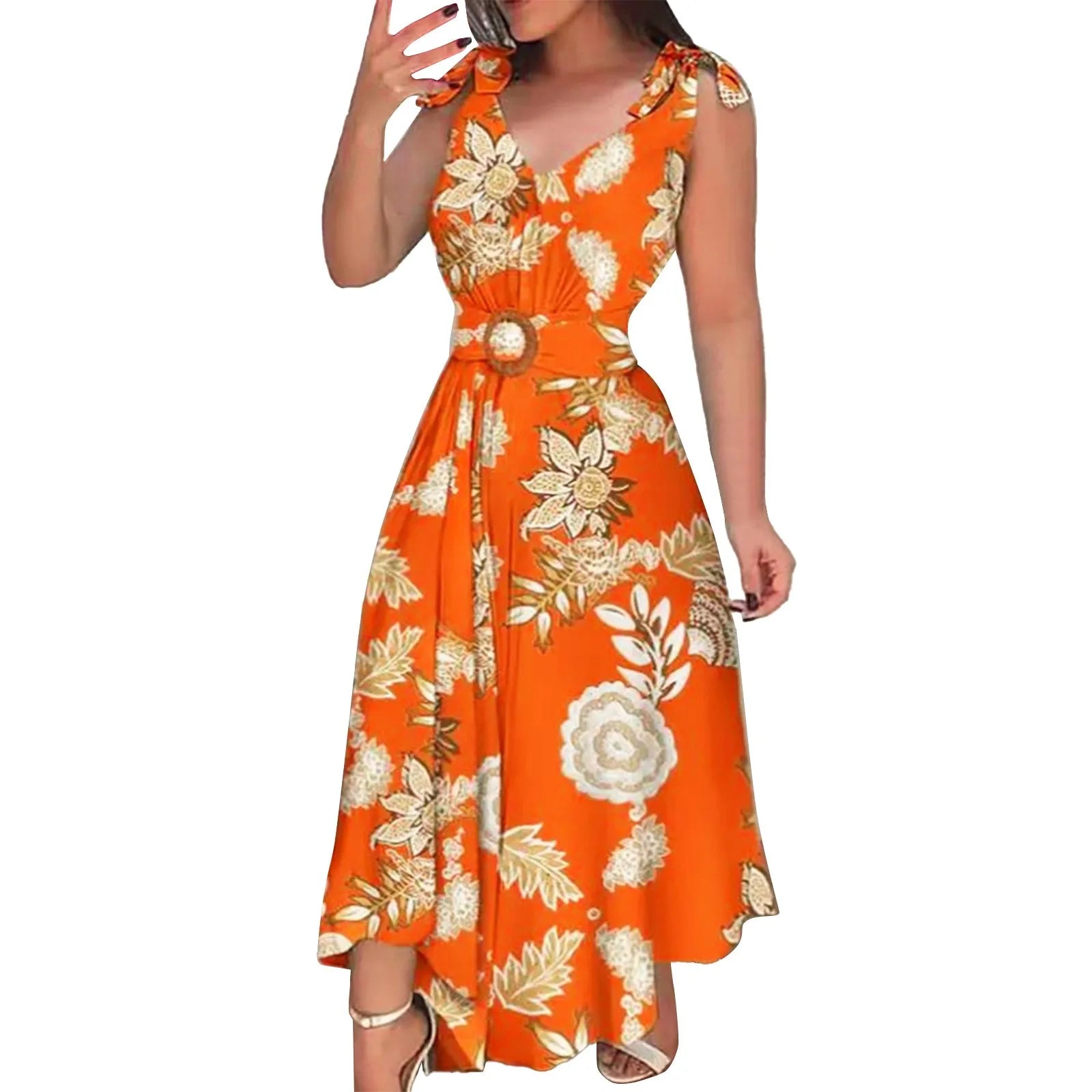 Floral sleeveless maxi beach dress for women with belt by SHOWLU FASHION STORE, featuring a flowy design and vibrant floral pattern.