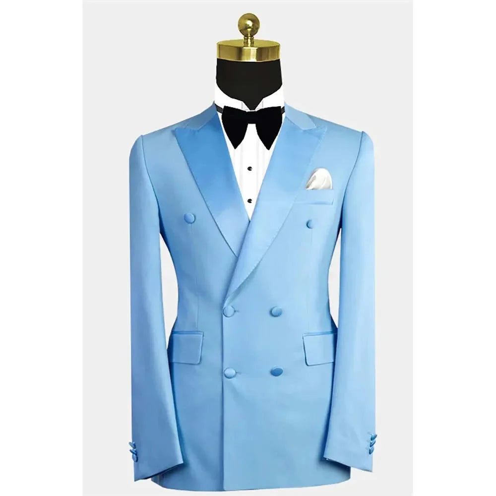 Showlu men's blue double-breasted slim fit formal suit set, tailored 2-piece outfit with classic design, perfect for business or events.
