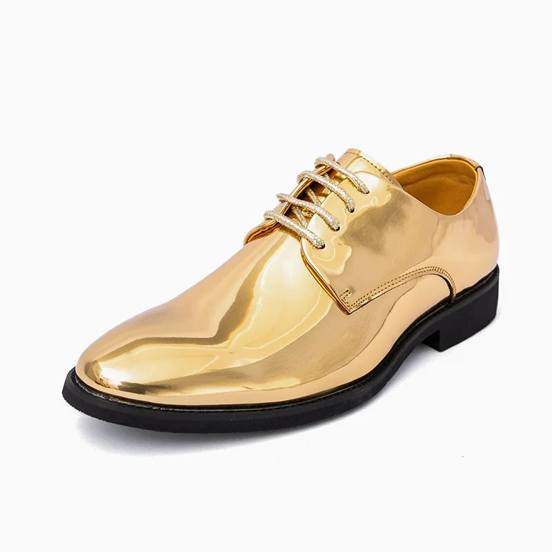 Men's golden leather party shoes with shiny pointed toe, formal dress shoes by Showlu Fashion Store.