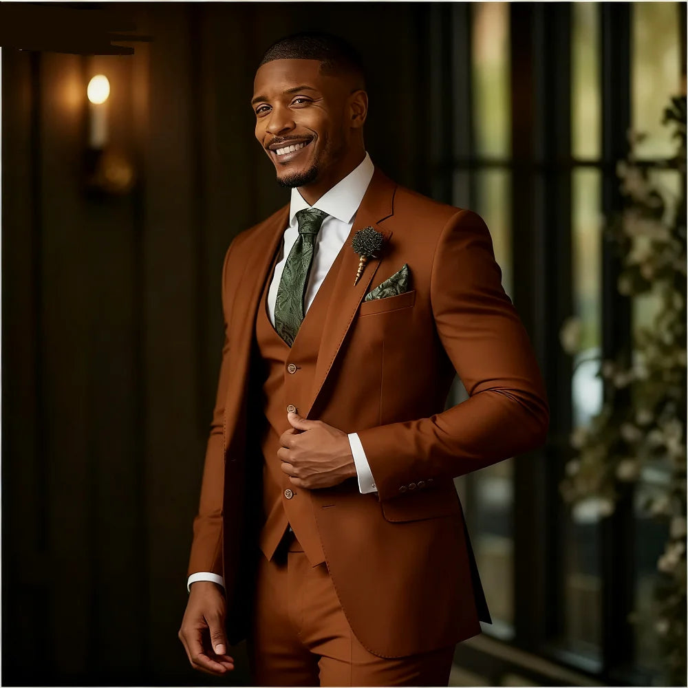 Men's emerald green 3-piece slim fit formal tuxedo suit by Showlu Fashion Store, showing the jacket, vest, and trousers.