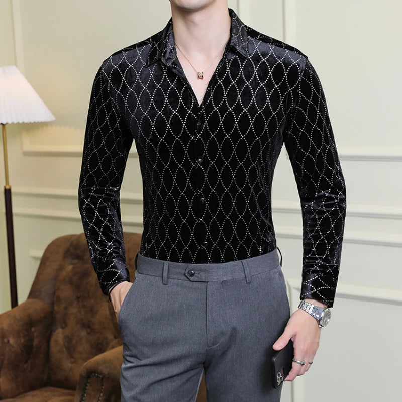 Luxury shiny plaid velvet men's dress shirt with long sleeves, suitable for autumn winter casual or party wear.