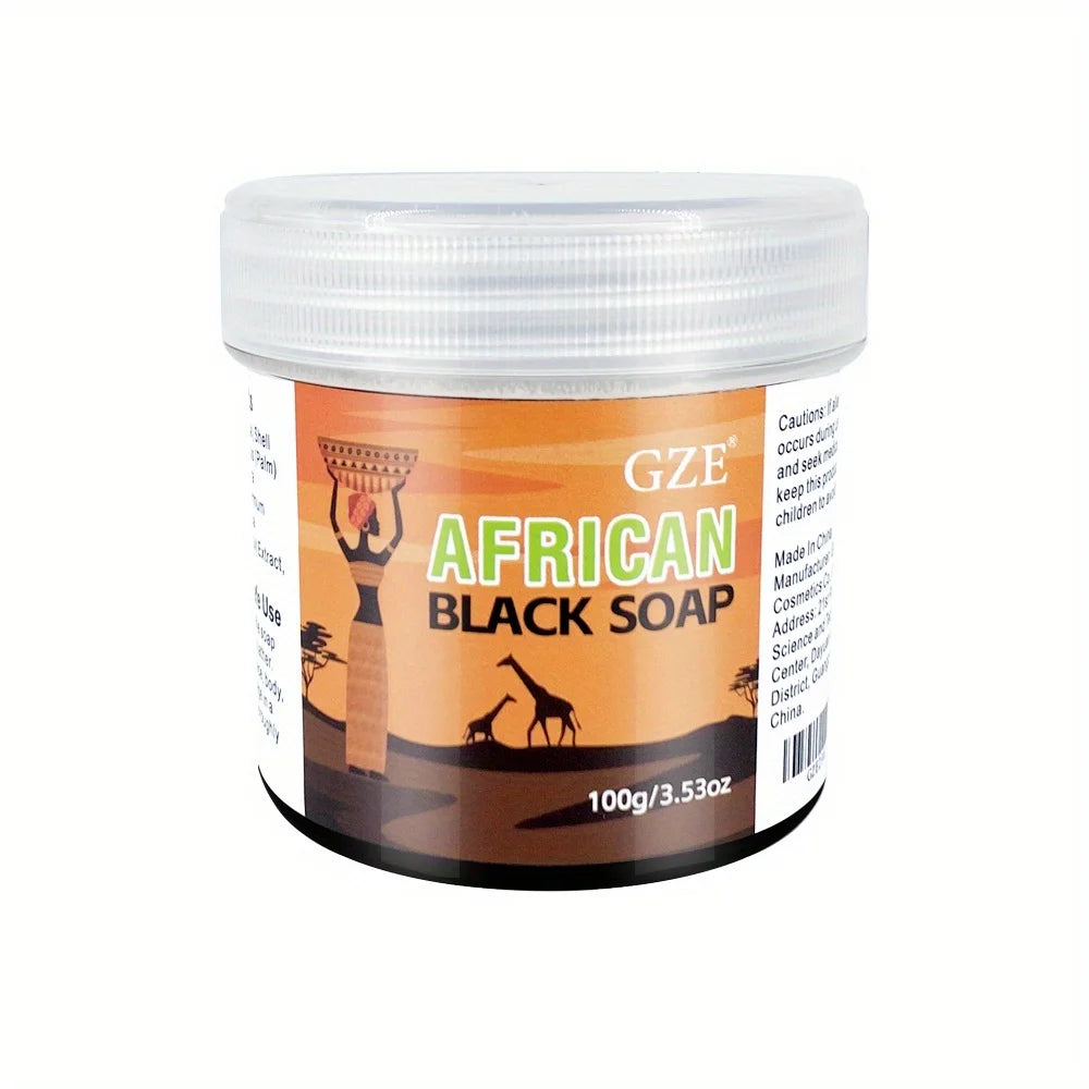 African Black Soap GZE by Showlu Fashion Store, natural 3-in-1 cleanser for face, hair, and body with moisturizing and deep cleansing effects.