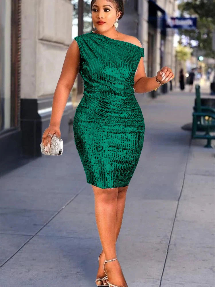 Plus size AOMEI women's one shoulder sequin bodycon party dress, stylish and shimmering for special occasions.