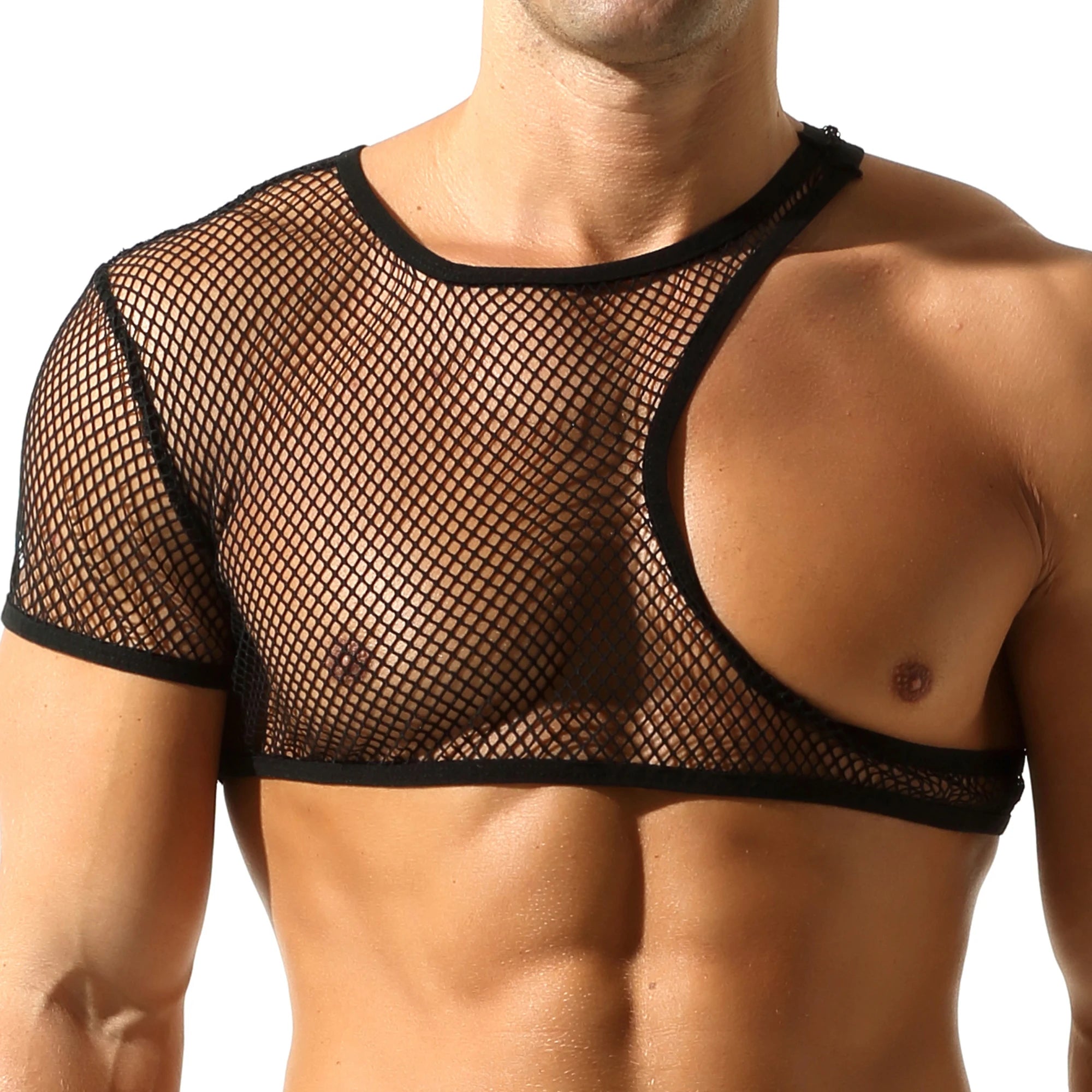 Mens transparent fishnet crop top with mesh hollow-out design, sleeveless tank top for gym, fitness, and nightclub wear.