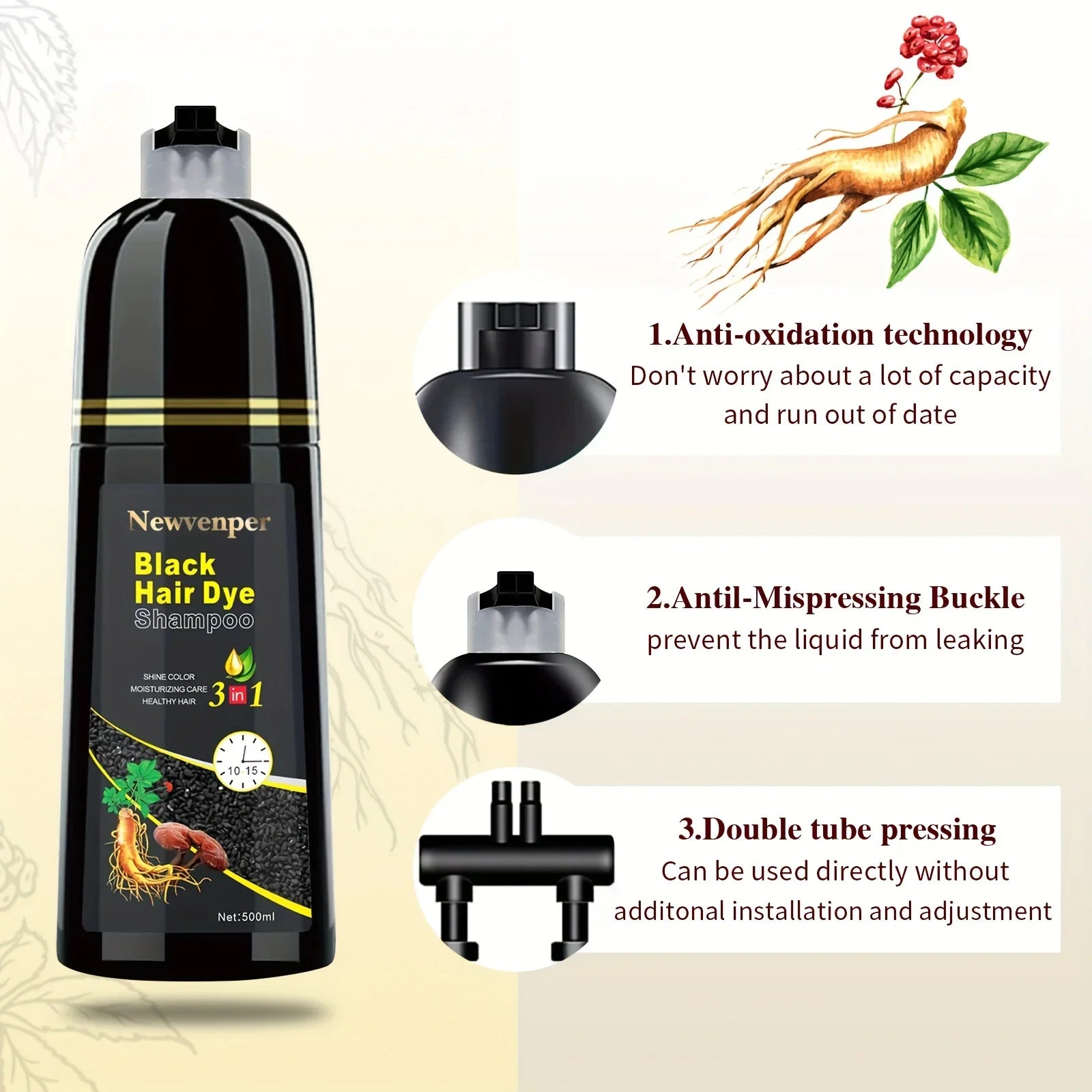 Black hair dye shampoo bottle by SHOWLU FASHION STORE, 500ml natural long-lasting color for healthy, shiny hair.