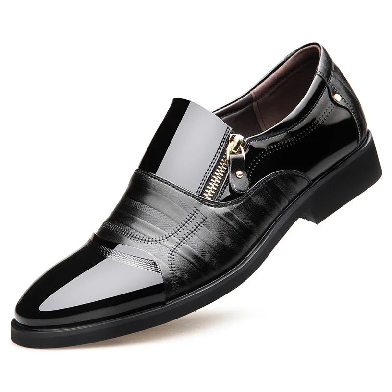 Men's black leather dress shoes by Showlu Fashion Store, waterproof pointed toe business flats for formal wear.