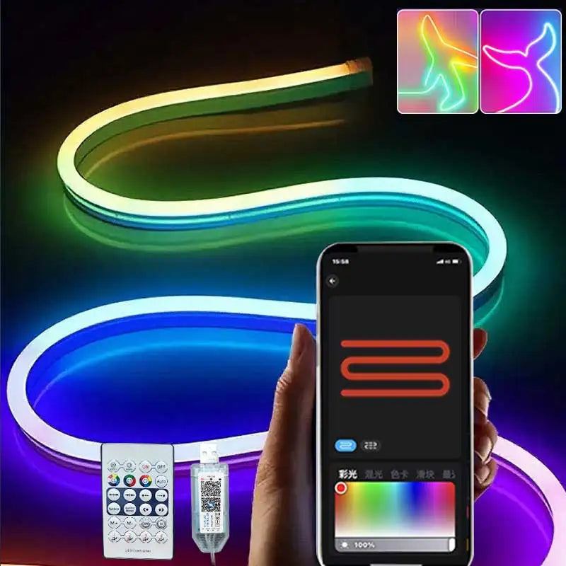 Showlu Smart RGBIC Neon LED strip light with Bluetooth app control, vivid colors, flexible design, suitable for modern home decor.
