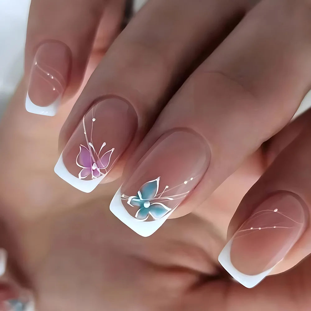 Short square artificial fake nails with French white and pink design, reusable acrylic false nails set of 24 from Showlu Fashion Store