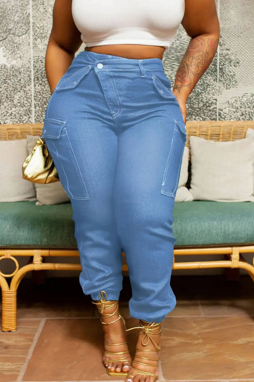 Plus Size Blue All Season Everyday High Waist Warm Skinny Jeans Women's Stretch Button Pencil Pants Mom Casual Pocket Work Jeans