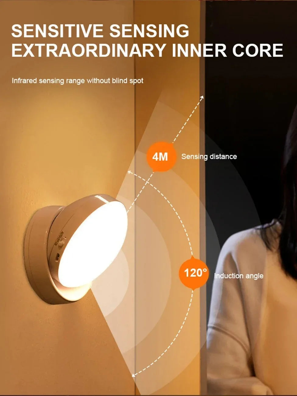 Showlu Smart 360° Motion Sensor Night Light illuminating a dark room with a sleek, modern design and adjustable brightness.