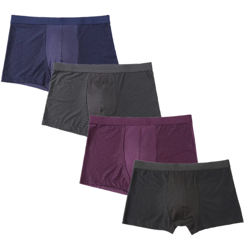 Showlu Men's Ice Silk Boxer Briefs in a 4-pack, breathable mesh underwear with a comfortable, smooth fit and stylish design.
