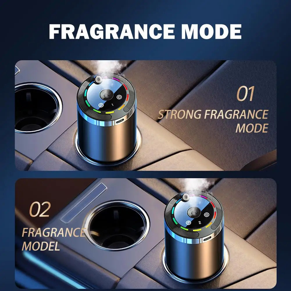 Xyzplus car diffuser humidifier with five modes, showing sleek design, aromatherapy diffuser, and air freshener for car and home use
